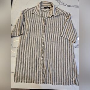 Tasso Elba Shirt Mens L Linen Cotton Striped Short Sleeve Button Up